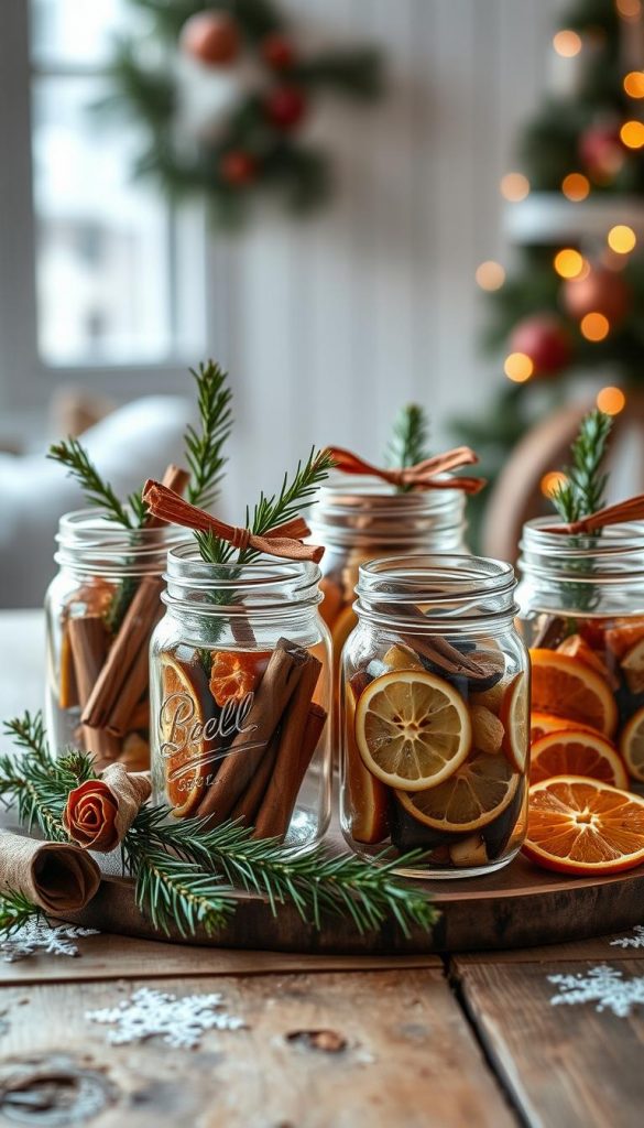 Beautifully arranged jars filled with aromatic homemade gifts, set against a cozy winter backdrop. Soft natural lighting illuminates the rustic wooden table, casting a warm glow on the KlickKiste mason jars. Sprigs of fresh evergreen, cinnamon sticks, and dried citrus slices add a festive touch. The scene exudes a charming, Pinterest-inspired aesthetic, perfect for capturing the essence of &amp;amp;quot;Duftende Geschenke aus der Küche im Einmachglas&amp;amp;quot;.