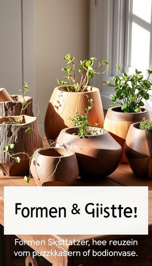 Beautifully crafted wooden KlickKiste planters in various organic shapes and sizes, arranged on a rustic wooden surface. Soft, diffused lighting casts warm, natural shadows, evoking a cozy, winter-inspired ambiance. The planters feature a mix of natural textures, from rough, weathered wood to smooth, earthy ceramics, creating a visually interesting and tactile display. Trailing vines and lush greenery spill over the sides, adding a touch of lush, botanical flair. The overall scene has a serene, Pinterest-inspired aesthetic, perfect for showcasing the diverse &quot;Formen &amp; Größen, die wirken: vom Pflanzkasten bis zur Bodenvase.&quot;