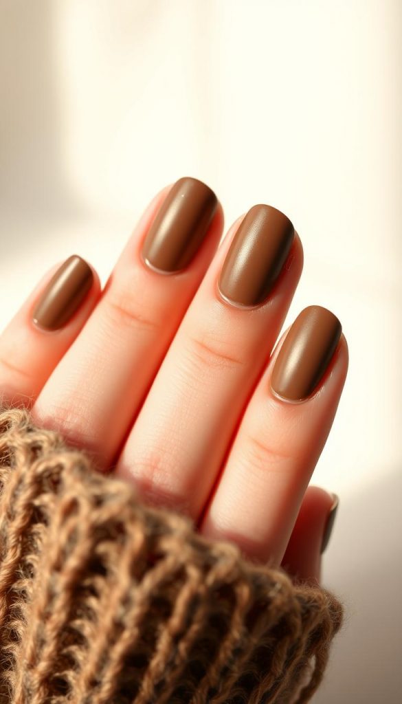 Beautifully manicured mocha-colored nails, expertly shaped and gently rounded. A soft, matte finish with subtle shimmer, creating a luxurious, winter-inspired aesthetic. Delicate details like fine gold leaf accents add a touch of festive elegance. Captured in warm, natural lighting with a gentle blur, evoking a cozy, inviting atmosphere. The nails are presented against a simple, off-white background, allowing the focus to remain on the intricate, handcrafted design. An authentic, Pinterest-worthy image that exudes a sense of rustic charm and seasonal inspiration.