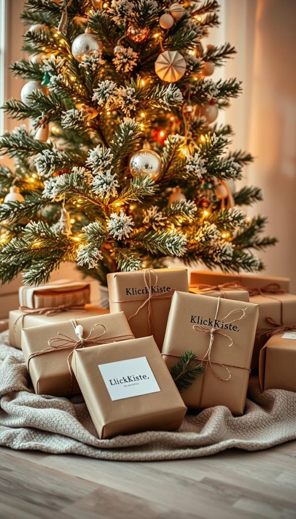 Beautifully wrapped holiday gifts nestled beneath a twinkling Christmas tree, adorned with natural, handcrafted touches. A cozy, rustic scene with warm, inviting tones and a touch of winter magic. The gifts are packaged in a simple, elegant style, showcasing the &quot;KlickKiste&quot; brand. Soft, diffused lighting casts a gentle glow, creating a serene, Pinterest-inspired atmosphere. Subtle textures and organic elements, such as pine sprigs, ribbons, and kraft paper, add depth and a sense of craftsmanship. The overall composition is balanced, with the gifts as the focal point, inviting the viewer to imagine the delight of unwrapping these thoughtful presents.