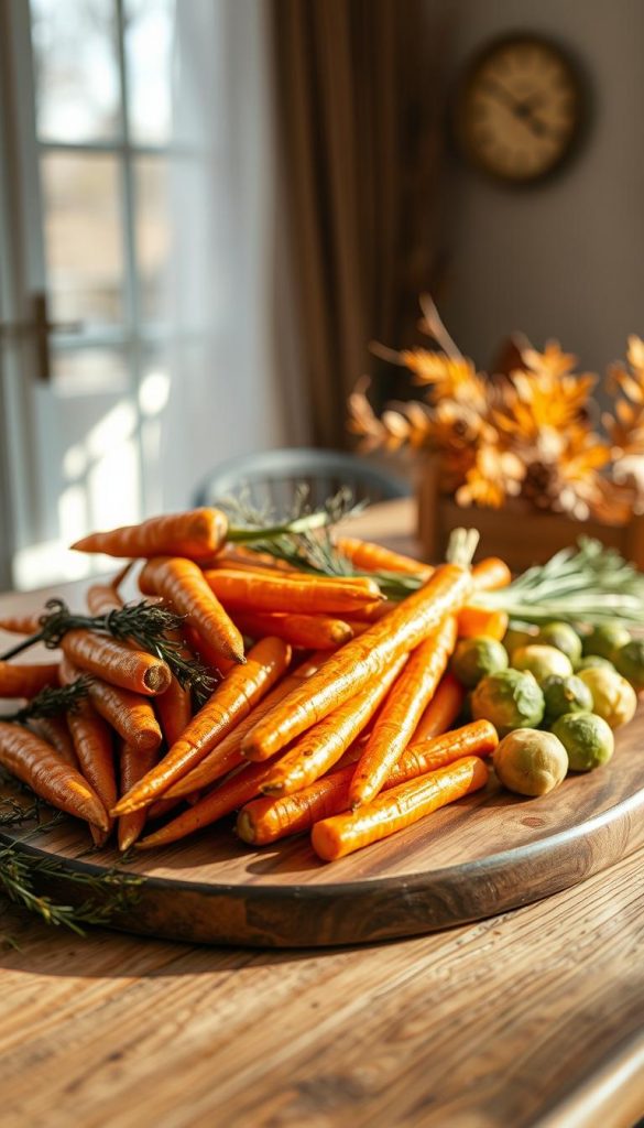 Bountiful autumn Beilagen: a rustic tableau of seasonal delights. Crisp, golden-hued roasted vegetables - carrots, parsnips, Brussels sprouts - arranged artfully on a wooden KlickKiste serving board. Sunlight filters through a window, casting a warm glow. In the background, a cozy, neutral-toned room hints at the comforting Thanksgiving feast to come. The scene evokes a sense of homespun elegance and natural, Pinterest-worthy charm. Earthy, autumnal hues and soft, diffused lighting create an inviting, hygge-inspired atmosphere. This wholesome, DIY-inspired image celebrates the harvest season and complements the &quot;Thanksgiving Beilagen&quot; section of the article.