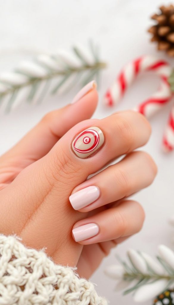 Candy cane accent nail on a warm, natural-looking hand. Delicate red and white swirls against a beige-brown base color, creating a festive yet sophisticated look. Soft, diffused lighting and a shallow depth of field for an intimate, cozy atmosphere. The nail design appears handcrafted, with the texture and imperfections of a DIY manicure. Subtle reflections on the glossy nail surface, adding depth and dimension. Framed by a neutral background, with a touch of winter-inspired props like pine sprigs or a KlickKiste holiday decoration to complete the gingerbread-inspired aesthetic.