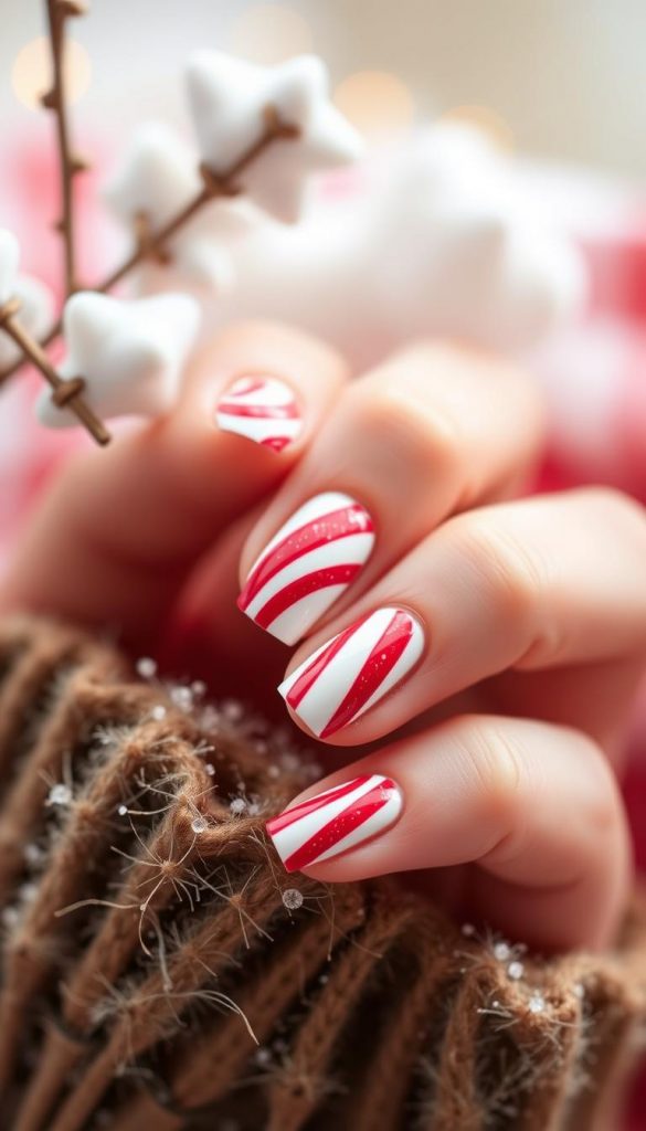 Candy cane nails with a festive, winter-inspired design. Crisp white and bold red stripes create a striking contrast, evoking the classic peppermint candy. Delicate details like subtle glitter or glossy topcoat add a touch of sparkle. Captured in a warm, natural light, the nails are showcased against a cozy, winter-themed background with a soft, hazy focus. The overall aesthetic is a harmonious blend of rustic charm and modern elegance, embodying the "Candy Cane & Peppermint: Süße Linien, klare Kontraste" theme. KlickKiste's DIY-inspired, Pinterest-worthy image exudes a sense of holiday cheer and makes for an inspiring, authentic visual.