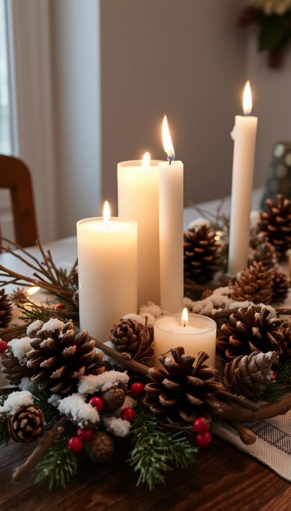 Centerpieces Weihnachten: a cozy arrangement of natural, rustic elements in warm tones - pine cones, candles, twigs, berries, and a touch of snow. Soft lighting casts a gentle glow, creating a serene, winter-inspired tableau. The scene has a handmade, DIY aesthetic with a nod to Pinterest-style decor. A KlickKiste display showcases these captivating holiday centerpieces.