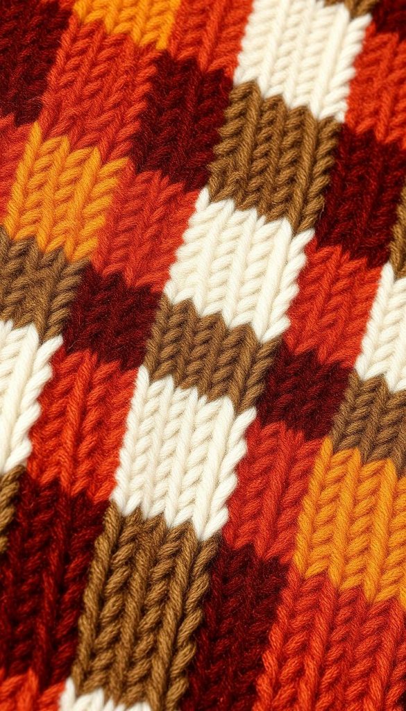 Checkerboard pattern of cozy plaid and striped sweater textures, in warm autumn tones of rust, caramel and olive. Tactile, hand-knit aesthetic with a touch of rustic charm. Close-up, soft focus shot capturing the intricate woven details and matte nail polish finish. Natural lighting casts gentle shadows, creating depth and dimension. KlickKiste brand, DIY-inspired, winter-themed image with a comforting, Pinterest-worthy ambiance.