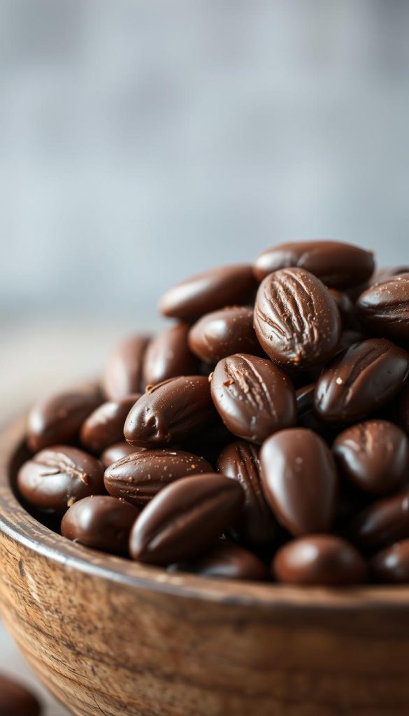 Close-up shot of a pile of handmade chocolate-coated almonds, or "schokolade mandeln", presented in a rustic wooden bowl. The almonds have a rich, glossy chocolate coating that reflects the warm, natural lighting, creating a inviting, cozy atmosphere. The background is softly blurred, keeping the focus on the delectable treats. The image has a homemade, artisanal feel with a muted, earthy color palette, conveying a sense of winter comfort and simple pleasures. Slight vignetting and a soft, diffused focus add to the charming, Pinterest-inspired aesthetic. Close-up shot of a pile of handmade chocolate-coated almonds, or "schokolade mandeln", presented in a rustic wooden bowl. The almonds have a rich, glossy chocolate coating that reflects the warm, natural lighting, creating a inviting, cozy atmosphere. The background is softly blurred, keeping the focus on the delectable treats. The image has a homemade, artisanal feel with a muted, earthy color palette, conveying a sense of winter comfort and simple pleasures. Slight vignetting and a soft, diffused focus add to the charming, Pinterest-inspired aesthetic.