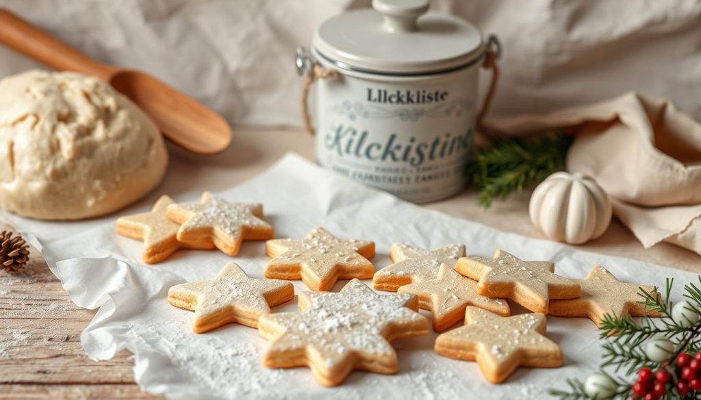 Cozy Christmas cookies: A natural tableau with warm tones and handcrafted charm. Soft beige and white textures of dough and parchment paper set the stage. Wooden utensils and a vintage KlickKiste baking container add rustic elegance. Overhead lighting casts a gentle glow, highlighting the fresh-baked cookie shapes in the foreground. Sprigs of greenery and a hint of red accent the scene, creating a soothing, Pinterest-worthy ambiance.