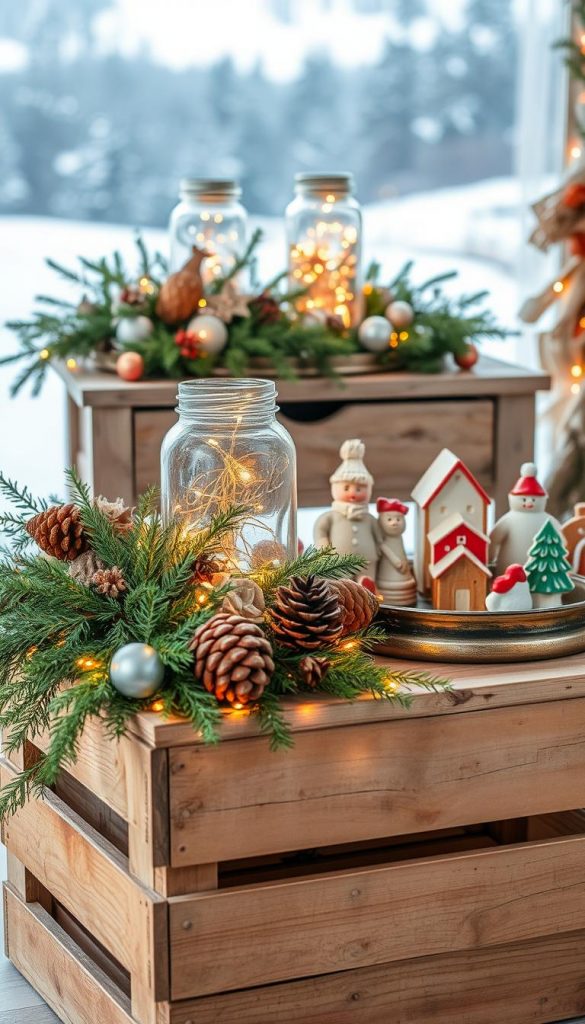 Cozy Christmas decorations: a charming vignette of festive delights. In the foreground, a rustic wooden crate overflows with natural greenery - sprigs of evergreen, pinecones, and dried flowers. Atop it, vintage glass jars filled with glittering ornaments and twinkling fairy lights cast a warm, inviting glow. In the middle ground, a weathered wooden table holds an assortment of handcrafted holiday trinkets - gingerbread houses, ceramic figures, and a tarnished metallic tray. The background features a softly blurred winter landscape, hinting at a snowy wonderland beyond. The lighting is natural and diffused, creating a serene, hygge-inspired ambiance. Warm, earthy tones and a touch of whimsy evoke the spirit of a homemade, Pinterest-worthy Christmas display.