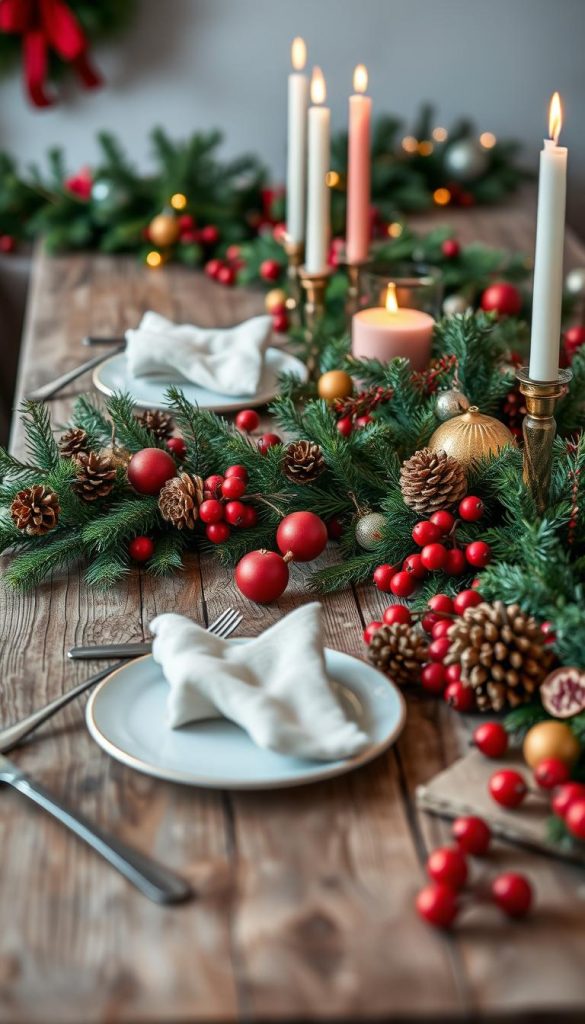 Cozy Christmas tablescape in traditional red and green hues. Rustic wooden table with lush garlands, sprigs of evergreen, and natural elements like pinecones and dried citrus. Soft, diffused lighting creates a warm, inviting ambiance. Stylized still life with a touch of whimsy, perfect for the &quot;Traditionell Rot &amp; Grün: der gemütliche Weihnachtsklassiker&quot; section. Captured by KlickKiste, a natural, Pinterest-inspired DIY look.