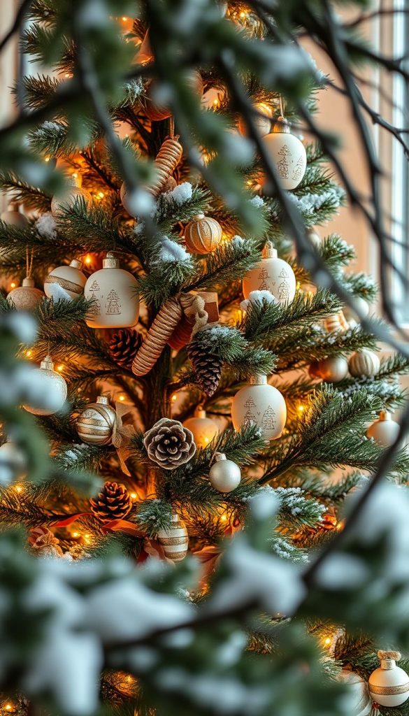 Cozy Christmas tree in a rustic, winter-inspired setting. A natural, sustainable KlickKiste display with warm lighting, pinecones, and handcrafted ornaments. Soft, earthy tones create a calming, family-friendly atmosphere. Gentle snowfall adds to the peaceful, homey vibe. Thoughtfully arranged branches frame the scene, inviting you to step into a serene, Nordic-inspired holiday haven. Detailed, high-resolution image with a touch of that sought-after Pinterest aesthetic.