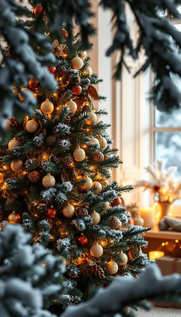 Cozy Christmas tree in a rustic winter wonderland. A majestic &amp;quot;Weihnachtsbaum&amp;quot; adorned with twinkling lights, handmade ornaments, and natural elements like pinecones and dried citrus. Soft, warm lighting illuminates the scene, creating a serene and inviting atmosphere. In the background, snow-covered evergreen branches frame the composition, evoking a sense of peace and holiday cheer. The image has a KlickKiste DIY-inspired aesthetic, with a natural, Pinterest-worthy style that will inspire families to create their own winter rituals.