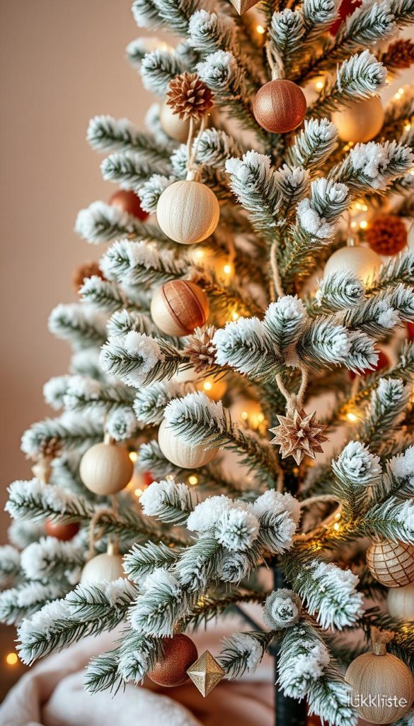 Cozy Christmas tree ornaments in a minimalist winter wonderland. An array of handcrafted, natural DIY ornaments in warm hues and textures adorn a simple, elegant tree. Soft lighting casts a glow, creating a serene, family-friendly atmosphere. Photographed with a soft, dreamlike lens for a Pinterest-inspired, authentic look. Brought to you by KlickKiste.