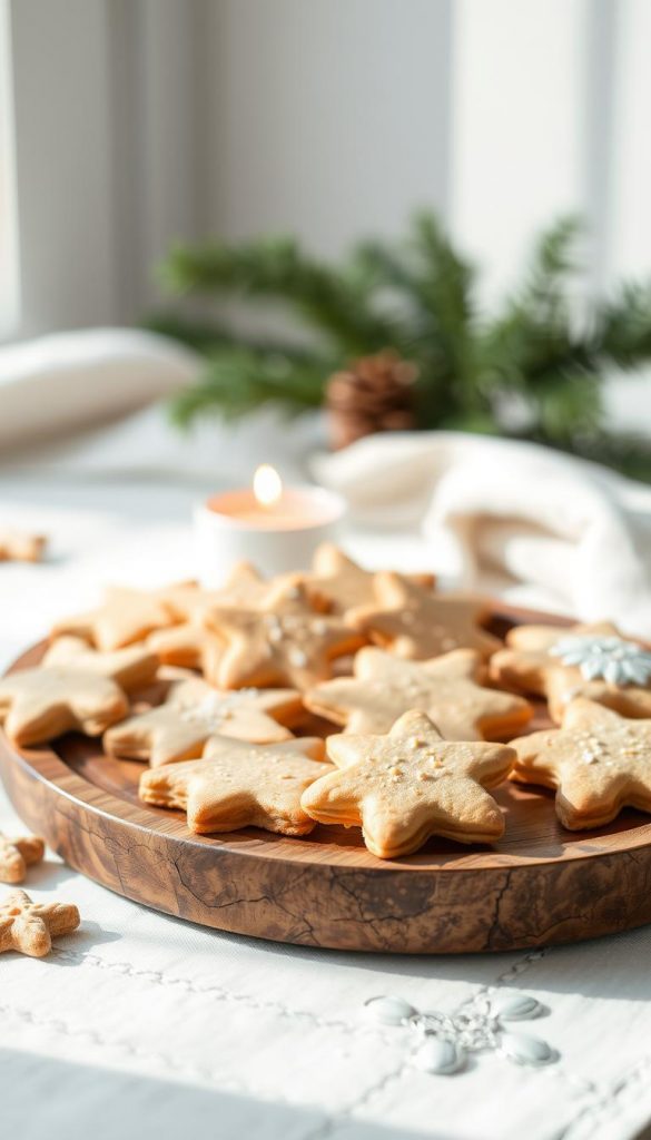 Cozy Plätzchenteller: A rustic, wooden tray showcases an array of homemade Christmas cookies, perfectly arranged with care. The warm, inviting scene is illuminated by the soft glow of natural lighting, casting a comforting ambiance. In the background, a festive evergreen sprig adds a touch of seasonal charm, while the overall composition evokes a charming, handmade aesthetic. The image has a natural, DIY-inspired look with a touch of winter coziness, perfectly capturing the spirit of an Adventskaffee gathering. KlickKiste.