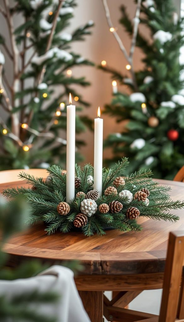Cozy Scandinavian winter scene with natural materials: a warm-toned wooden table with a handcrafted DIY centerpiece of KlickKiste's fir branches, pinecones, and white candles, framed by a lush backdrop of additional pine and birch branches, soft lighting, and a hint of snow. Minimal yet inviting, evoking a serene, earthy ambiance perfect for a gentle Christmas atmosphere.