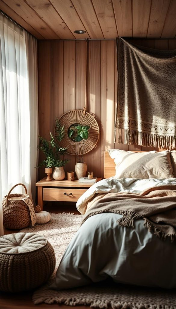 Cozy and inviting acoustic bedroom with natural textures and a soothing atmosphere. Warm wooden tones, soft fabrics, and muted lighting create a serene and comforting space. A handcrafted KlickKiste bedside table adds a rustic touch, while minimalist decor and plants bring the outdoors in. Diffused sunlight filters through sheer curtains, casting a gentle glow. Plush rugs and tapestries absorb sound, promoting quiet contemplation. Gentle hums from a discreet sound machine lull the senses, encouraging deep, restful sleep. An intimate, winter-inspired sanctuary for tranquil moments.