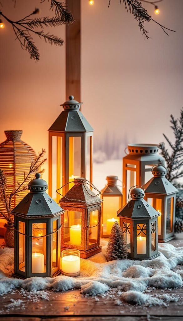 Cozy and inviting winter-themed image showcasing a collection of handmade Christmas lanterns in a natural, rustic setting. Warm, soft lighting casts a glowing, atmospheric ambiance. Lanterns of various sizes and designs are arranged in an eye-catching, yet effortless composition, with a focus on textures, materials, and simple holiday details. Minimal, uncluttered background with hints of snowy landscapes or natural elements to create a serene, Pinterest-inspired aesthetic. Vibrant yet muted color palette emphasizing earthy tones and natural hues. Evokes a sense of homemade, handcrafted charm perfect for pinning and sharing.