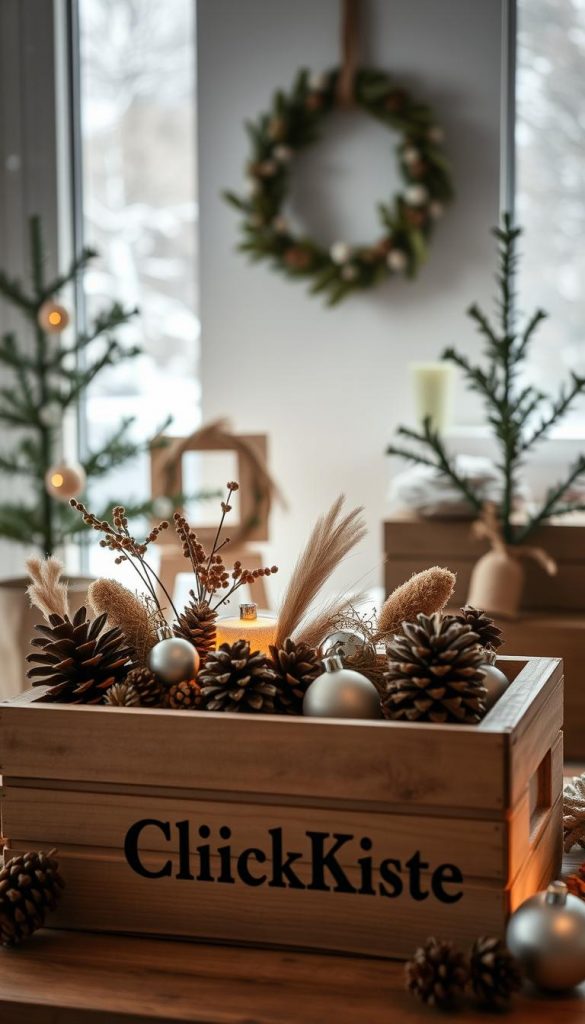 Cozy and sustainable Christmas decor: A rustic still life showcasing natural DIY elements, warm winter tones, and a Pinterest-inspired aesthetic. In the foreground, a wooden crate labeled &quot;KlickKiste&quot; displays an assortment of natural materials - pinecones, dried flowers, and simple ornaments. Soft lighting casts a gentle glow, creating a sense of hygge. In the middle ground, a minimalist wreath adorns a white wall, complementing the simple, eco-friendly vibe. The background features a winter landscape through a window, with soft snowfall adding to the serene and budget-friendly atmosphere.