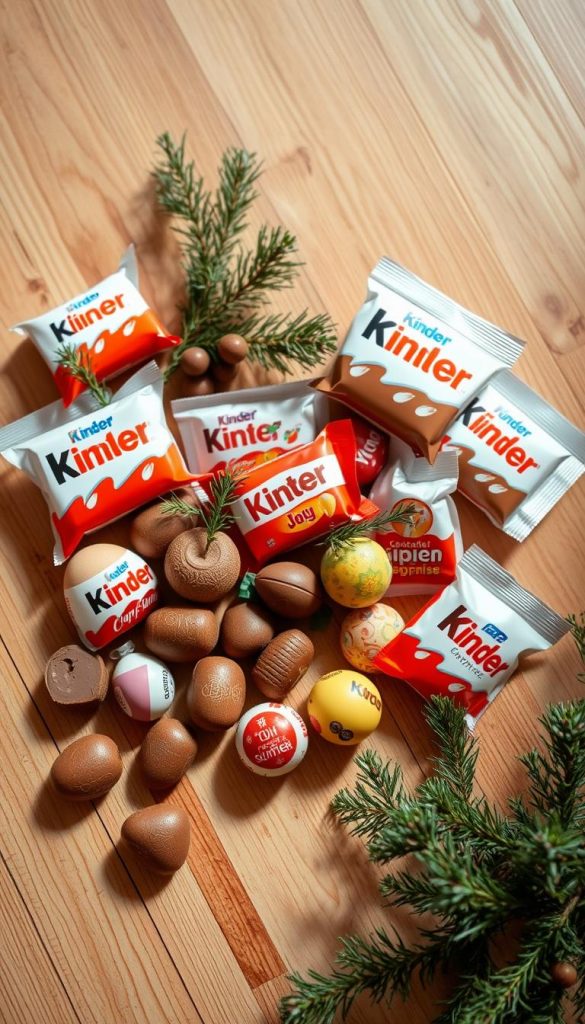 Cozy arrangement of various Kinder chocolate snacks on a natural wooden surface. Soft, warm lighting illuminates the scene, creating a homely, inviting atmosphere. Kinder Bueno, Kinder Joy, Kinder Surprise eggs, and other Kinder treats are displayed casually, with a few sprigs of fresh greenery adding a touch of nature. The composition has a rustic, handmade feel, evoking a sense of simple pleasures and holiday cheer. The image conveys a welcoming, family-friendly vibe perfect for a Silvester snack spread.