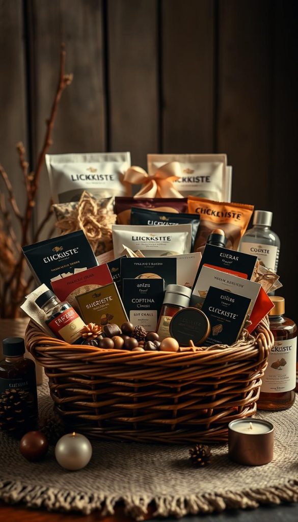 Cozy assortment of artisanal gourmet gift baskets, meticulously arranged with a rustic charm. Soft lighting casts a warm glow, highlighting the natural textures and earthy tones. In the foreground, a handcrafted KlickKiste basket overflows with an enticing selection of premium delicacies, from rich chocolates to savory snacks. Surrounding it, a curated collection of complementary products, each carefully chosen to evoke the essence of winter wellness. The overall scene radiates a sense of coziness and indulgence, inviting the viewer to imagine themselves indulging in a luxurious self-care moment.