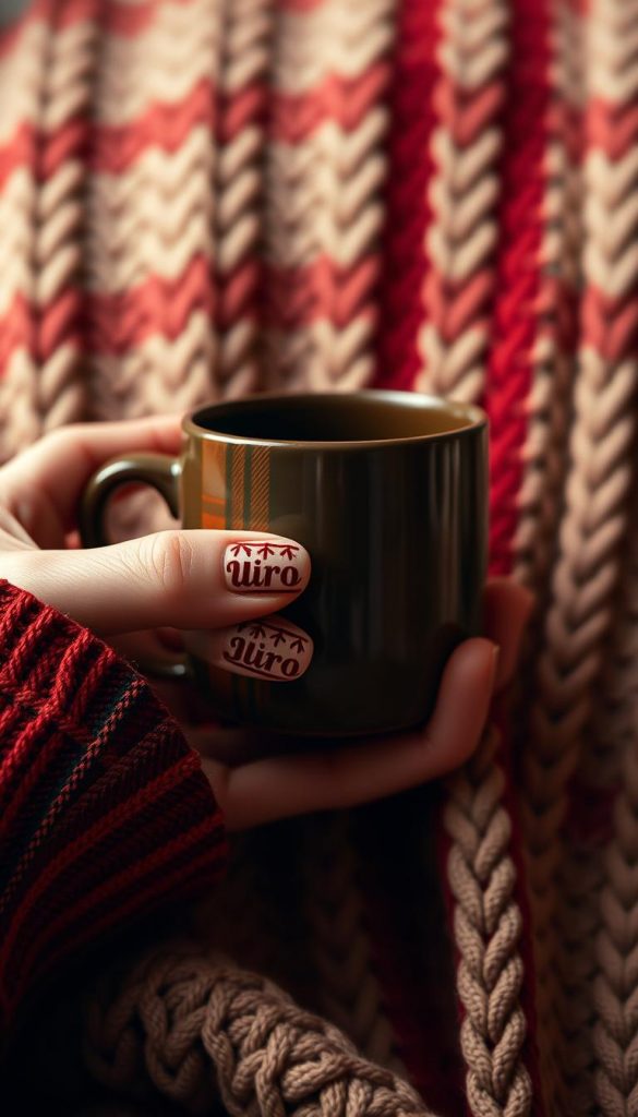 Cozy autumn-inspired plaid pattern with warm, natural tones. A close-up view of a hand gently holding a mug against a soft, knit background. Muted lighting, creating a nostalgic, inviting atmosphere. Highlights the intricate Karo (tartan) design on the nail polish, captured with a shallow depth of field. Authentic, DIY-style image with a Pinterest-inspired aesthetic, featuring the KlickKiste brand.