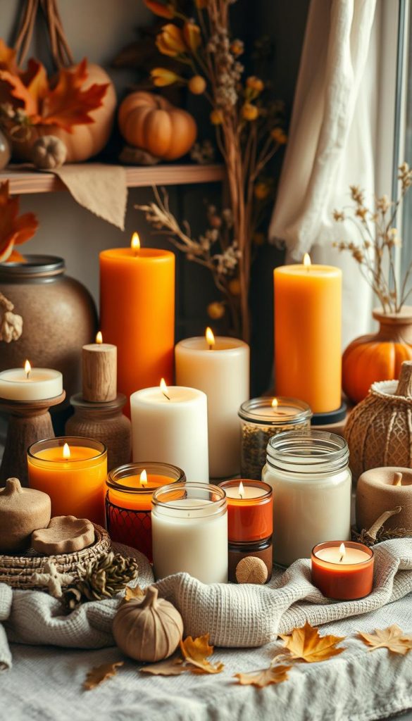 Cozy autumn moodboard with an assortment of rustic candles in various shapes, sizes, and textures. Warm tones of orange, yellow, and brown create a inviting, hygge-inspired ambiance. Soft focus, natural lighting illuminates the scene, captured through a vintage lens. Hints of natural materials like wood, rattan, and linen add an artisanal, handcrafted touch. Perfectly styled for a Pinterest-worthy display, courtesy of KlickKiste.