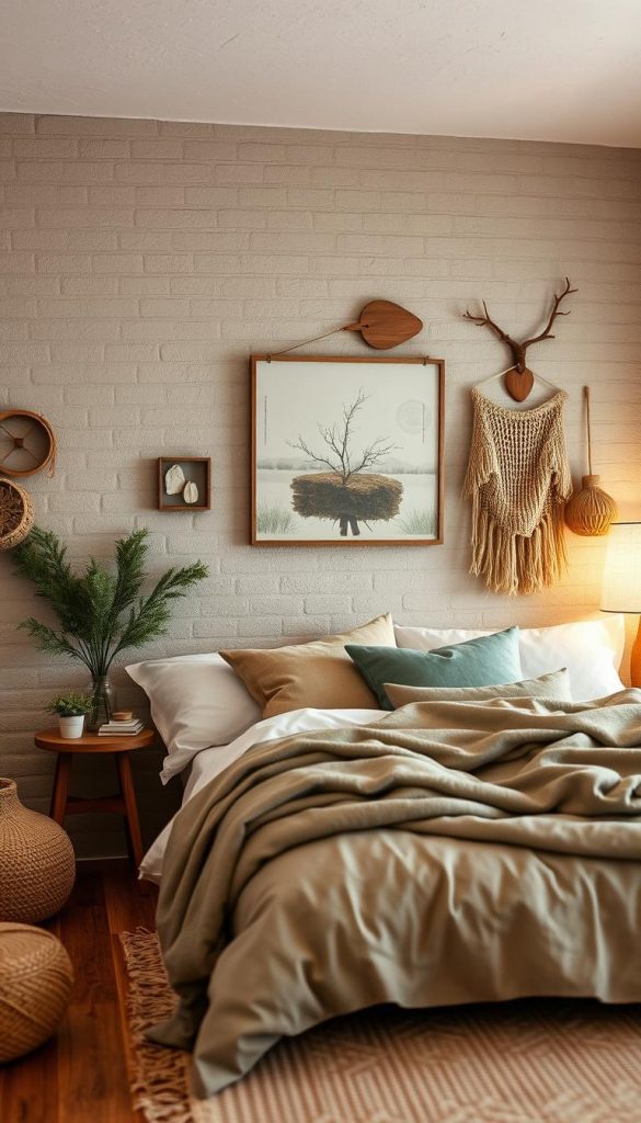 Cozy bedroom walls with a rustic, natural charm. Featuring a textured, earthy palette of warm neutrals and muted greens, complemented by accents of rich wood tones. Soft lighting casts a gentle glow, creating an inviting, winter-inspired ambiance. Organic materials like stone, linen, and jute add depth and tactile interest. Artful, DIY-inspired wall decor in a Pinterest-worthy aesthetic. Captured with a soft, hazy lens for a dreamy, authentic feel. KlickKiste.