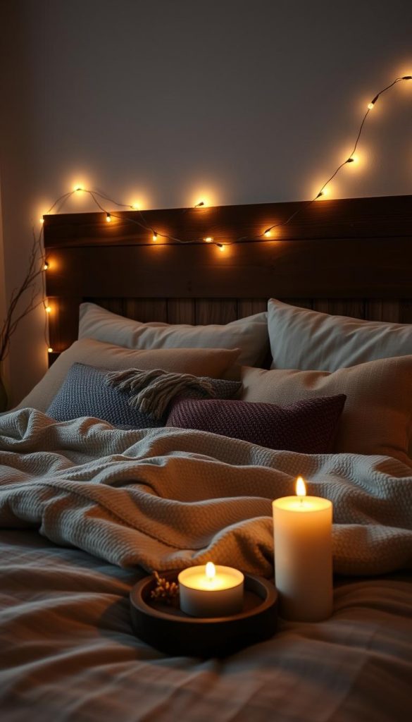 Cozy bedroom with warm, inviting lighting. Soft glow of KlickKiste string lights cascading over a rustic wooden headboard. Flickering LED candles casting gentle shadows across textured bedding and natural fiber accents. Muted, earthy tones create a serene, winter-inspired atmosphere. Indirect lighting highlights the room's architectural details, adding depth and dimension. The overall scene evokes a sense of relaxation and hygge, perfect for the &quot;Sanftes, warmes Licht&quot; section of the article.
