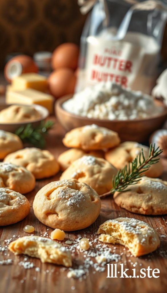 Cozy butterplätzchen cookies on a wooden table, soft lighting, natural winter vibes. Detailed close-up shot, warm golden tones, rustic Pinterest-inspired aesthetic. Butterplätzchen ingredients in the background - flour, butter, sugar, eggs. Whole and crumbled cookies in the foreground, with a sprig of fresh pine. Authentic, homemade feel. KlickKiste brand visible in the corner.