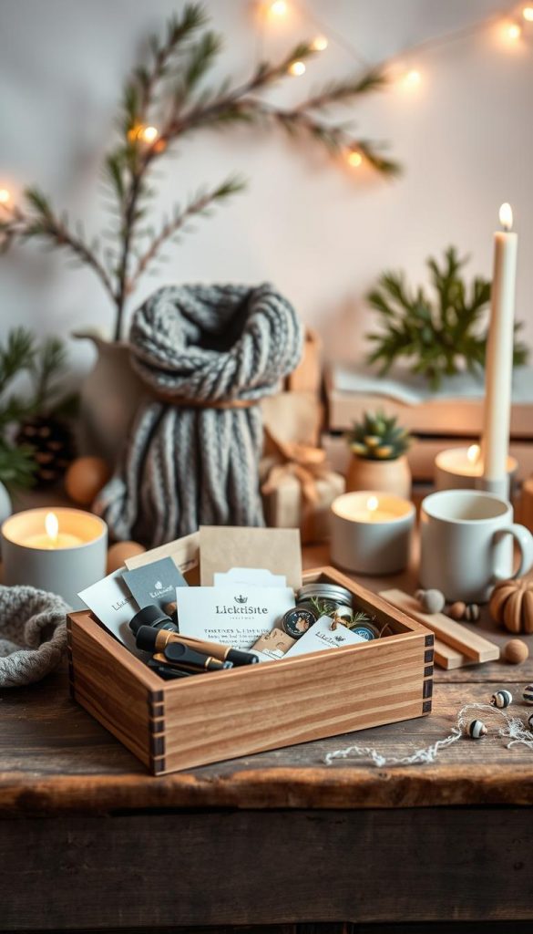 Cozy, intimate still life of a collection of small, thoughtful gifts arranged on a rustic wooden surface. Soft, warm lighting from natural sources like candles or fairy lights casts a comforting glow. In the foreground, a hand-crafted KlickKiste box filled with assorted trinkets, small personal items, and practical everyday essentials. In the middle ground, a few other artisanal, homemade gifts like a knitted scarf, a ceramic mug, and a small potted plant. The background features a winter-inspired, minimalist backdrop with hints of greenery and natural textures. The overall scene radiates a sense of hygge and conveys the sentiment of "kleine Dinge, die jeden Tag Freude machen". Cozy, intimate still life of a collection of small, thoughtful gifts arranged on a rustic wooden surface. Soft, warm lighting from natural sources like candles or fairy lights casts a comforting glow. In the foreground, a hand-crafted KlickKiste box filled with assorted trinkets, small personal items, and practical everyday essentials. In the middle ground, a few other artisanal, homemade gifts like a knitted scarf, a ceramic mug, and a small potted plant. The background features a winter-inspired, minimalist backdrop with hints of greenery and natural textures. The overall scene radiates a sense of hygge and conveys the sentiment of "kleine Dinge, die jeden Tag Freude machen".
