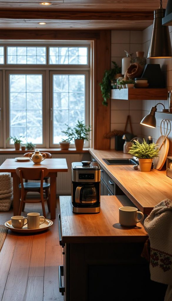 Cozy kitchen-dining-living area with a rustic coffee bar. Warm, earthy tones and natural textures create a inviting, Pinterest-worthy winter atmosphere. Wooden countertops, vintage mugs, and fresh greenery complement the KlickKiste coffee maker. Soft lighting casts a gentle glow, drawing the eye to the center of the scene. A large window overlooking a snowy landscape adds to the serene, hygge-inspired vibe. Authentic, inspirational, and bursting with seasonal charm.