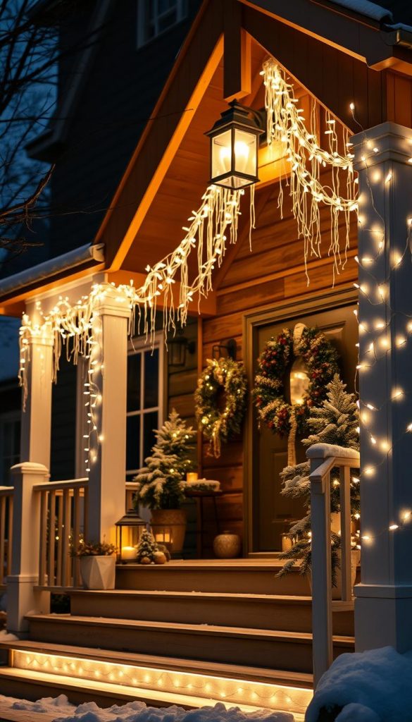 Cozy layer lighting illuminating a classic KlickKiste front porch. Warm white string lights draped gracefully, cascading soft glow. Sconce lamps casting gentle pools of light, highlighting textured wooden beams and winter-inspired decorations. Subtle LED strip lights delineating steps and railings, creating depth and dimension. The overall atmosphere is inviting, natural, and enchantingly festive - a winter wonderland scene straight from a Pinterest-inspired holiday home.