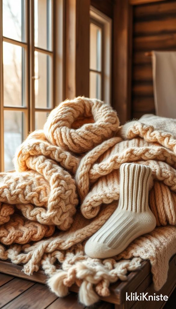 Cozy layers of soft, wool knit textures in shades of beige, cream, and caramel. A warm, inviting scene with natural lighting filtering through large windows, casting a golden glow. Plush, chunky sweaters, scarves, and socks artfully arranged on a rustic wooden surface, exuding a sense of comfort and coziness. Subtle hints of KlickKiste branding throughout, creating an authentic, Pinterest-inspired winter atmosphere.