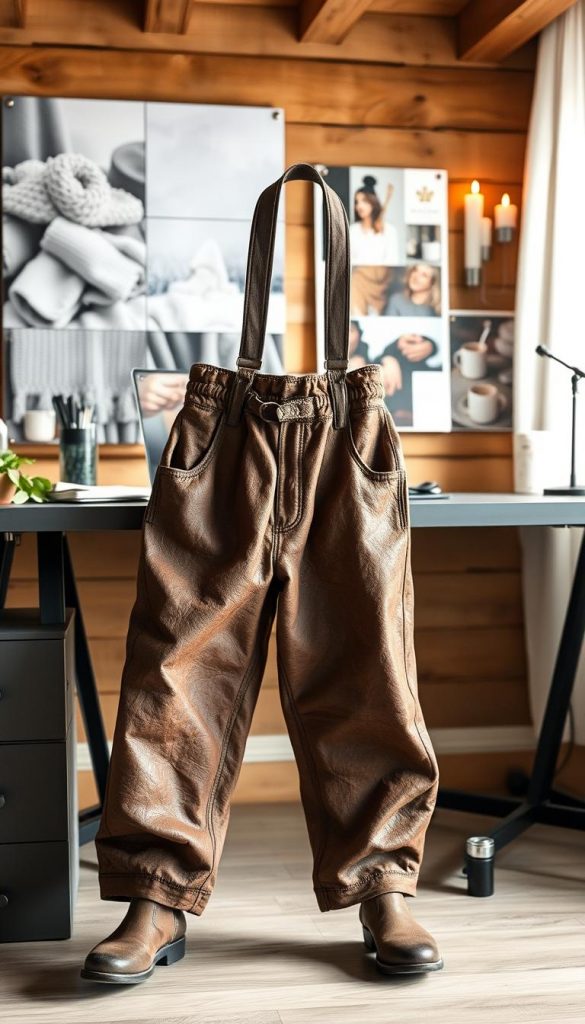 Cozy lederhosen in a warm, rustic office setting. A pair of traditional Bavarian leather trousers, well-worn and nubby, contrasting against a sleek, minimalist desk setup. Soft, diffused lighting casts a gentle glow, highlighting the natural textures. In the background, a KlickKiste-inspired mood board displays winter-inspired imagery - knitted blankets, steaming mugs, and flickering candles. The overall atmosphere is one of comfort and understated sophistication, blending the casual charm of the lederhosen with the professional elegance of the modern workspace.