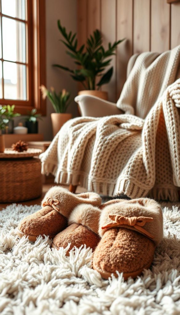 Cozy loungewear scene with warm, natural lighting. Soft, plush slippers in earthy tones rest on a plush rug, inviting the viewer to step in and relax. A cozy knit blanket drapes over an armchair, hinting at a comfortable, intimate setting. Wooden accents and natural elements like potted plants create a serene, hygge-inspired atmosphere. Muted, mellow colors evoke a sense of coziness and winter comfort. The overall scene exudes a Pinterest-worthy, DIY vibe that is both authentic and inspiring.