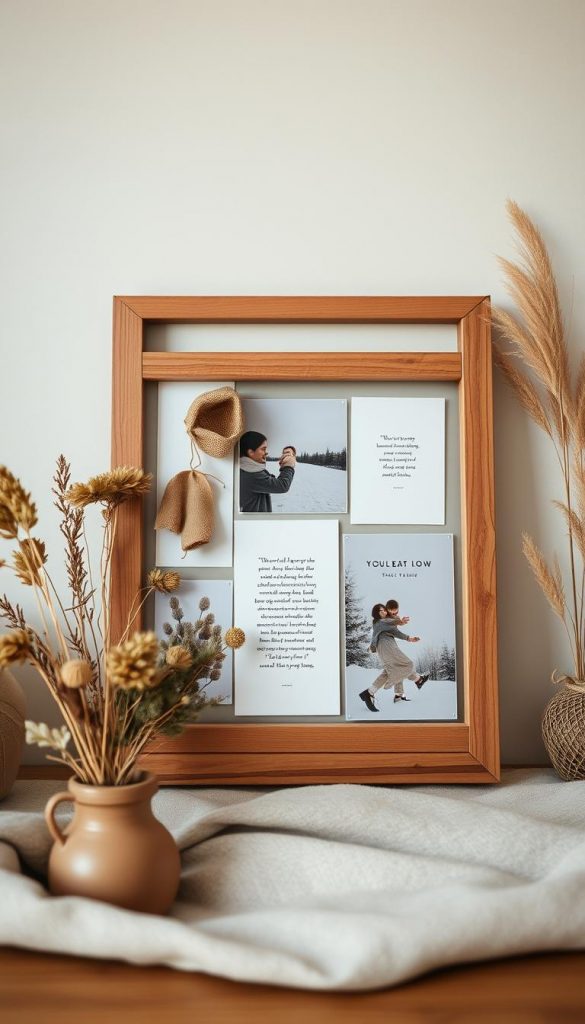 Cozy minimalist vision board featuring a warm, natural color palette. In the foreground, a wooden frame holds natural materials like dried flowers and leaves, capturing a rustic, handmade aesthetic. The middle ground showcases a few carefully curated images and affirmations, reflecting themes of family, simplicity, and intentional living. The background depicts a serene winter landscape, with soft lighting and a moody, atmospheric feel. The overall composition conveys a sense of calmness, authenticity, and inspiration, perfect for visualizing personal goals and priorities. KlickKiste.