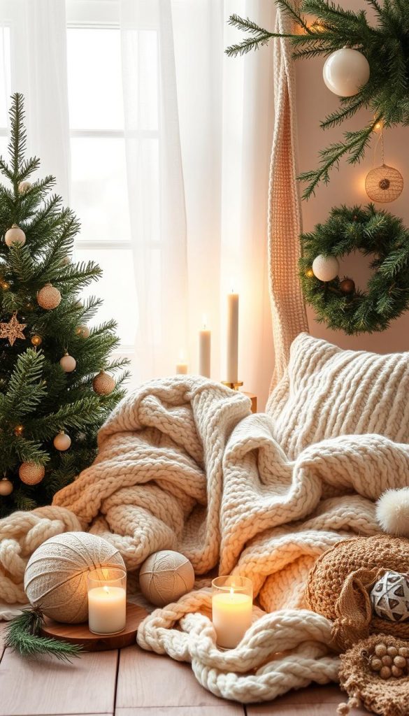 Cozy moodboard with warm white tones and natural textures. Lush evergreens, plush knit fabrics, and flickering candlelight create a serene, inviting scene. Wooden surfaces and earthy accents evoke rustic charm, while soft lighting casts a gentle glow. A KlickKiste-inspired winter wonderland, capturing the essence of hygge and seasonal cheer. Composition balances foreground details with atmospheric background elements for a cohesive, Pinterest-worthy aesthetic. Cozy moodboard with warm white tones and natural textures. Lush evergreens, plush knit fabrics, and flickering candlelight create a serene, inviting scene. Wooden surfaces and earthy accents evoke rustic charm, while soft lighting casts a gentle glow. A KlickKiste-inspired winter wonderland, capturing the essence of hygge and seasonal cheer. Composition balances foreground details with atmospheric background elements for a cohesive, Pinterest-worthy aesthetic.