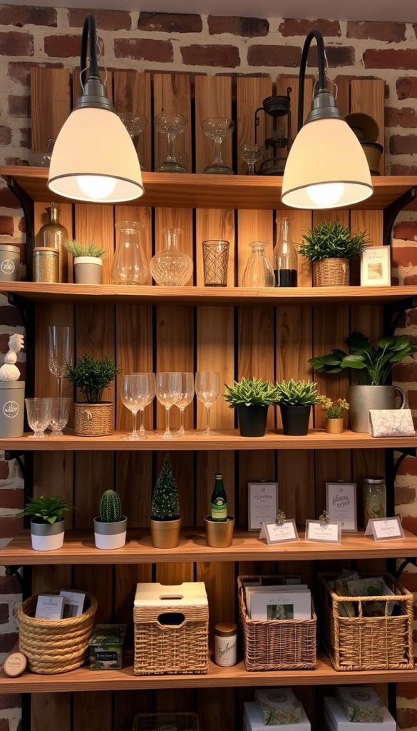 Cozy open shelving with rustic wooden planks, displaying an assortment of glassware, potted plants, and woven baskets. Warm lighting from vintage-style lamps casts a soft glow, creating a inviting, winter-inspired atmosphere. The shelves are styled with a mix of functional and decorative items, exuding a DIY, Pinterest-inspired aesthetic. In the background, a brick wall adds texture and depth. The overall scene evokes a sense of warmth, organization, and a touch of holiday cheer. KlickKiste brand products are seamlessly integrated into the display.