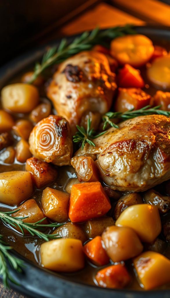 Cozy oven-roasted schmorgerichte, a hearty winter dish with tender meat and aromatic root vegetables. Golden-brown potatoes, onions, and carrots in a rich, savory gravy, garnished with fresh herbs. Soft lighting casts a warm glow, inviting the viewer to imagine the satisfying flavors and comforting aromas. The rustic, natural setting evokes a homey, family-friendly atmosphere, perfect for a festive Christmas table. Soft focus and a slightly moody, vintage-inspired aesthetic lend an authentic, Pinterest-worthy aesthetic to this nourishing, wholesome scene.