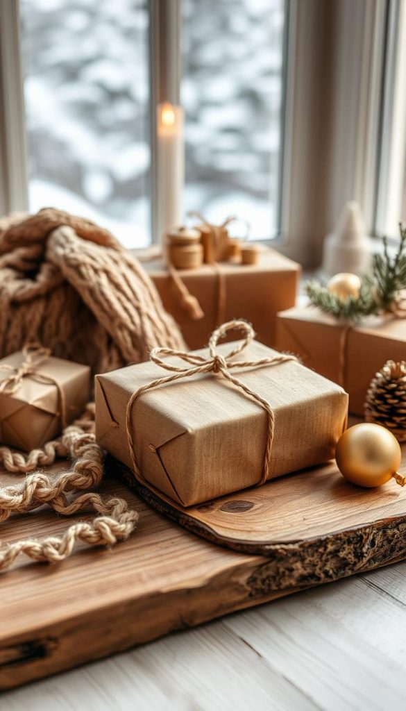 Cozy still life of handmade Christmas gifts with natural textures and warm tones. Rustic wooden surface with knitted scarf, twine-wrapped items, and minimal holiday decorations. Soft diffused lighting casts a welcoming glow. Close-up composition emphasizes the tactile, homemade quality. Minimal backdrop of blurred winter scene through window. Inviting, Pinterest-inspired mood evokes a sense of last-minute, heartfelt crafting.