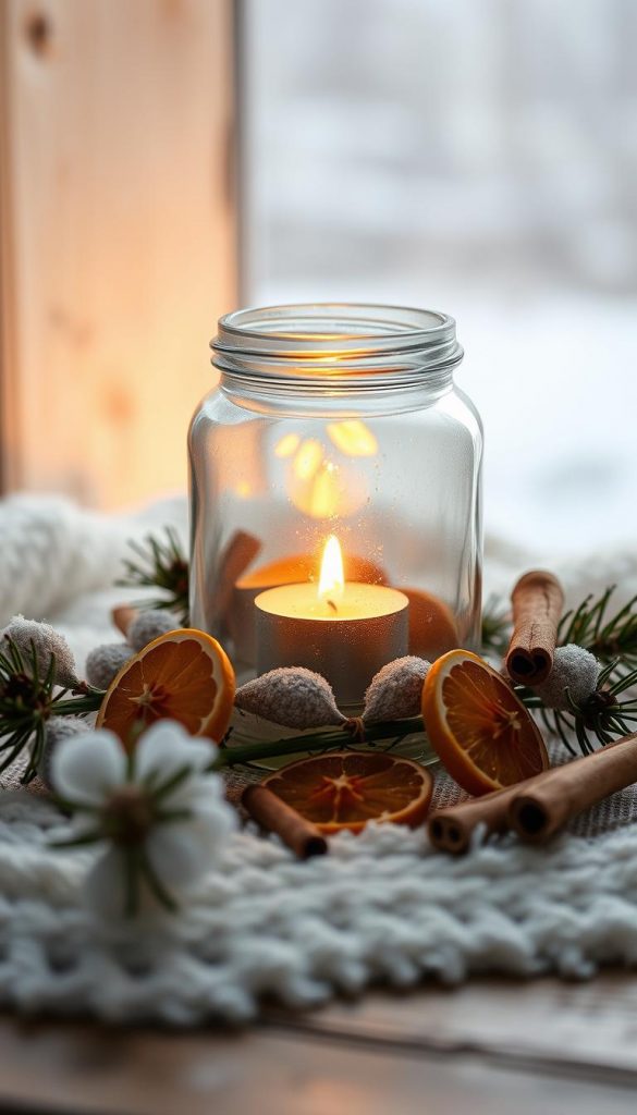 Cozy upcycled glass windlicht with a warm glow, set against a rustic winter backdrop. A KlickKiste creation featuring a simple glass jar filled with a tealight, surrounded by natural elements like pine branches, dried citrus slices, and cinnamon sticks. Soft, diffused lighting casts a golden hue, creating a serene, hygge-inspired atmosphere. Photographed from a mid-level angle with a shallow depth of field, emphasizing the tactile, handmade qualities of this charming, sustainable decor piece.