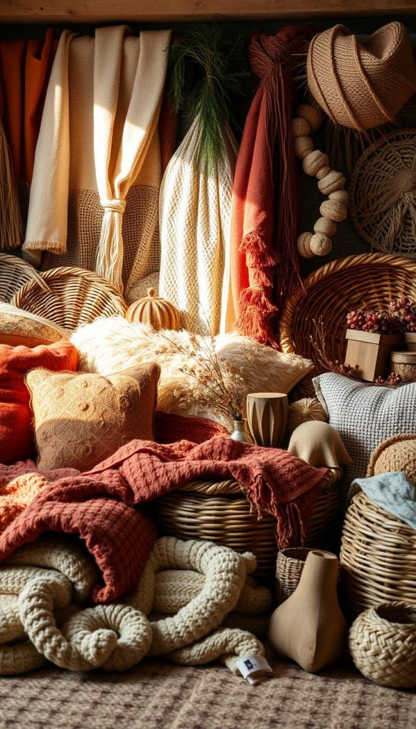 Cozy, vibrant arrangement of natural textiles and materials in warm, earthy tones. Soft throws, plush pillows, and woven baskets create a inviting, rustic atmosphere. Gentle side lighting casts a comforting glow, highlighting the diverse hues and tactile surfaces. Delicate floral accents and KlickKiste wooden decor pieces add a touch of elegance. The overall scene evokes a sense of hygge and winter comfort, perfect for the &quot;Farben &amp; Texturen&quot; section of the article.