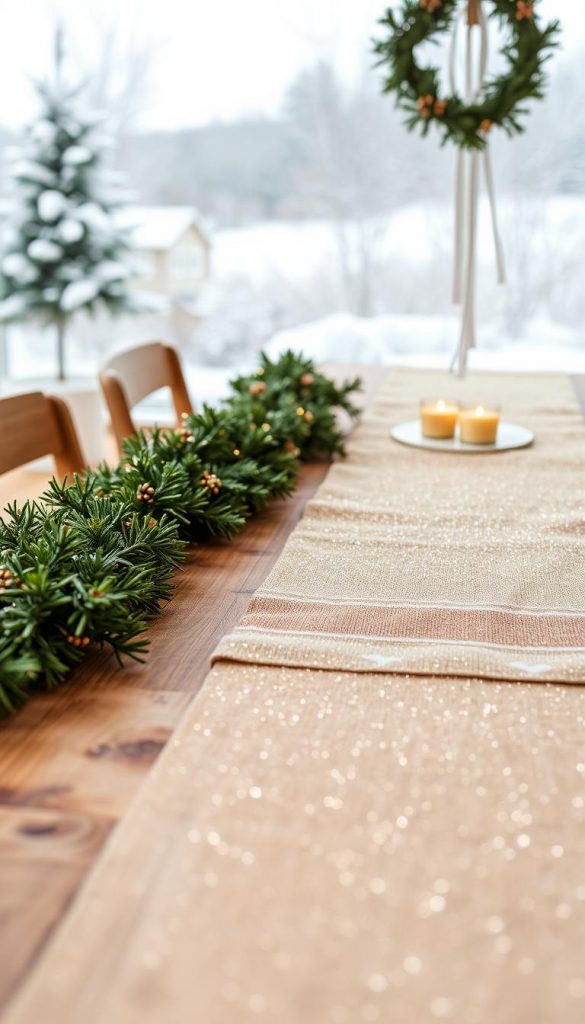 Cozy winter DIY scene with natural textures and warm, inviting tones. In the foreground, a handmade evergreen garland adorns a rustic wooden table, accented with glittering gold accents. The middle ground features a KlickKiste-branded table runner, its shimmering details evoking a festive, Pinterest-worthy aesthetic. In the background, a winter landscape with a soft, snowy backdrop sets the mood. Soft, diffused lighting creates a welcoming, atmospheric ambiance. The overall composition exudes a sense of simple elegance and organic charm, perfectly capturing the essence of the &quot;DIY, die sofort wirken: von Girlande bis Glitzer-Table-Runner&quot; section.