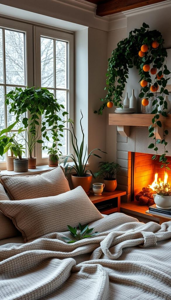 Cozy winter bedroom scene with lush, verdant indoor plants and natural materials. Soft, diffused lighting from large windows and a flickering fireplace casts a warm, inviting glow. Textured woven blankets, plush pillows, and a rustic wooden nightstand create a serene, nature-inspired ambiance. Potted ferns, trailing ivy, and a small citrus tree bring the outdoors in, fostering a sense of tranquility and relaxation. Subtle touches of copper and ceramic accents complement the earthy, minimalist aesthetic. An inviting, Pinterest-worthy retreat to unwind and rejuvenate during the colder months.