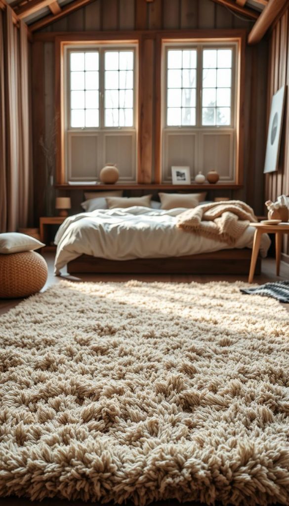 Cozy winter bedroom with a soft, plush area rug in earthy tones. The rug is situated in the foreground, its inviting texture drawing the eye. Warm lighting filters in through large windows, casting a gentle glow across the space. Layers of natural materials, like knitted blankets and weathered wood, create a comforting ambiance. The middle ground features a low bed frame with a fluffy duvet, while the background holds a glimpse of minimalist decor, hinting at a serene, Scandinavian-inspired design. The overall mood is one of hygge, where the rug serves as an inviting anchor to start the day with comfort and coziness.