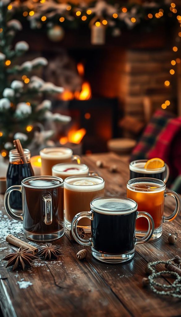Cozy winter cocktails arrayed on a rustic wooden table, bathed in soft, warm lighting. Festive garnishes like cinnamon sticks, star anise, and citrus slices add seasonal flair. Steaming mugs of mulled wine, hot toddies, and Irish coffees take center stage, complemented by a backdrop of snow-dusted pines and a glowing fireplace. The scene exudes a inviting, hygge-inspired atmosphere, perfect for a cozy evening of winter indulgence. Cozy winter cocktails arrayed on a rustic wooden table, bathed in soft, warm lighting. Festive garnishes like cinnamon sticks, star anise, and citrus slices add seasonal flair. Steaming mugs of mulled wine, hot toddies, and Irish coffees take center stage, complemented by a backdrop of snow-dusted pines and a glowing fireplace. The scene exudes a inviting, hygge-inspired atmosphere, perfect for a cozy evening of winter indulgence.