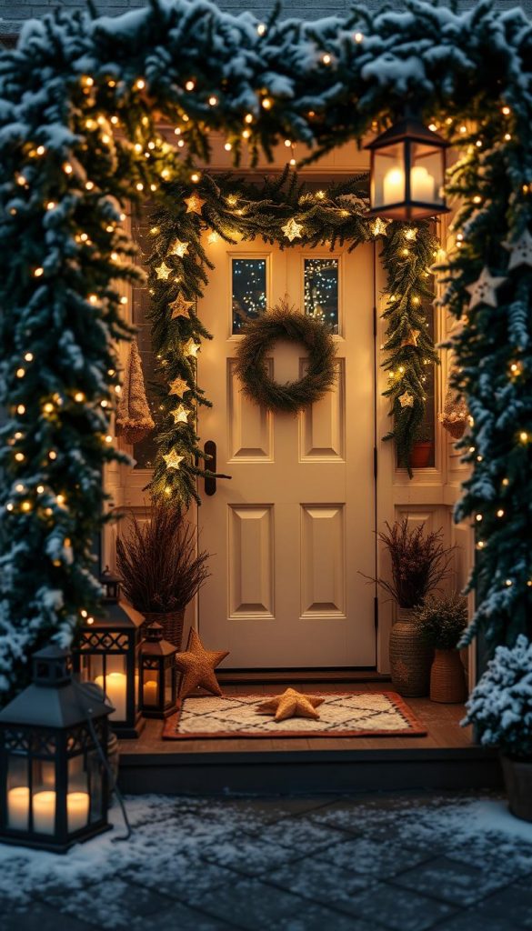 Cozy winter entryway adorned with a lush garland of KlickKiste lichterketten, their soft glow illuminating the scene. Wooden stars and rustic lanterns add warmth and texture, while a dusting of snow on the doormat evokes a charming, natural ambiance. Soft, diffused lighting from the side creates a welcoming, intimate atmosphere, inviting guests to step inside and experience the magic of the season. The image has a Pinterest-inspired, DIY aesthetic with muted, earthy tones that capture the essence of a festive, homemade holiday display.