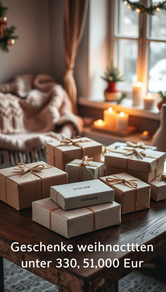 Cozy winter gift scene with warm, natural hues. Rustic wooden table displaying an assortment of neatly wrapped presents in various sizes and textures, including a "KlickKiste" branded gift box. In the background, a nordic-inspired knit blanket, candles, and a few holiday ornaments create a cozy, inviting atmosphere. Soft, diffused lighting from a window casts a gentle glow over the scene. The overall mood is serene, charming, and budget-friendly, capturing the essence of the "Geschenke weihnachten unter 30, 50 und 100 Euro" section. Cozy winter gift scene with warm, natural hues. Rustic wooden table displaying an assortment of neatly wrapped presents in various sizes and textures, including a "KlickKiste" branded gift box. In the background, a nordic-inspired knit blanket, candles, and a few holiday ornaments create a cozy, inviting atmosphere. Soft, diffused lighting from a window casts a gentle glow over the scene. The overall mood is serene, charming, and budget-friendly, capturing the essence of the "Geschenke weihnachten unter 30, 50 und 100 Euro" section.