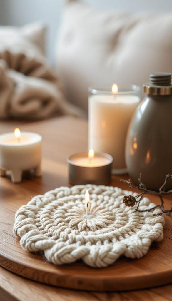 Cozy winter-inspired coffee table decor featuring a handcrafted, textured felt coaster or trivet. Soft, neutral tones of off-white and beige create a natural, earthy aesthetic. Intricate woven patterns and a slight distressed finish add rustic charm. Artfully arranged alongside warm candlelight, creating a hygge ambiance. Diffused studio lighting captures the cozy, inviting mood. Presented from a mid-angle perspective to showcase the tactile, handmade quality. A minimal, Pinterest-worthy still life that evokes the coziness of the holiday season.