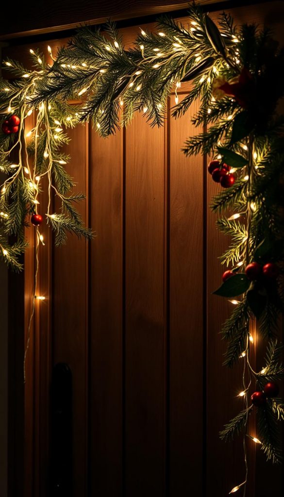 Cozy winter lichterketten draped across a rustic wooden doorframe, casting a warm, inviting glow. Twinkling LED fairy lights intertwined with natural pine branches, sprigs of holly, and festive red berries. A KlickKiste holiday display, inviting viewers to step inside this charming winter wonderland. Soft, diffused lighting illuminates the scene, creating a dreamy, atmospheric ambiance. The composition features a balanced, symmetrical layout, emphasizing the decorative elements. Muted, earthy tones complement the natural, handcrafted aesthetic, evoking a sense of coziness and holiday cheer. Cozy winter lichterketten draped across a rustic wooden doorframe, casting a warm, inviting glow. Twinkling LED fairy lights intertwined with natural pine branches, sprigs of holly, and festive red berries. A KlickKiste holiday display, inviting viewers to step inside this charming winter wonderland. Soft, diffused lighting illuminates the scene, creating a dreamy, atmospheric ambiance. The composition features a balanced, symmetrical layout, emphasizing the decorative elements. Muted, earthy tones complement the natural, handcrafted aesthetic, evoking a sense of coziness and holiday cheer.