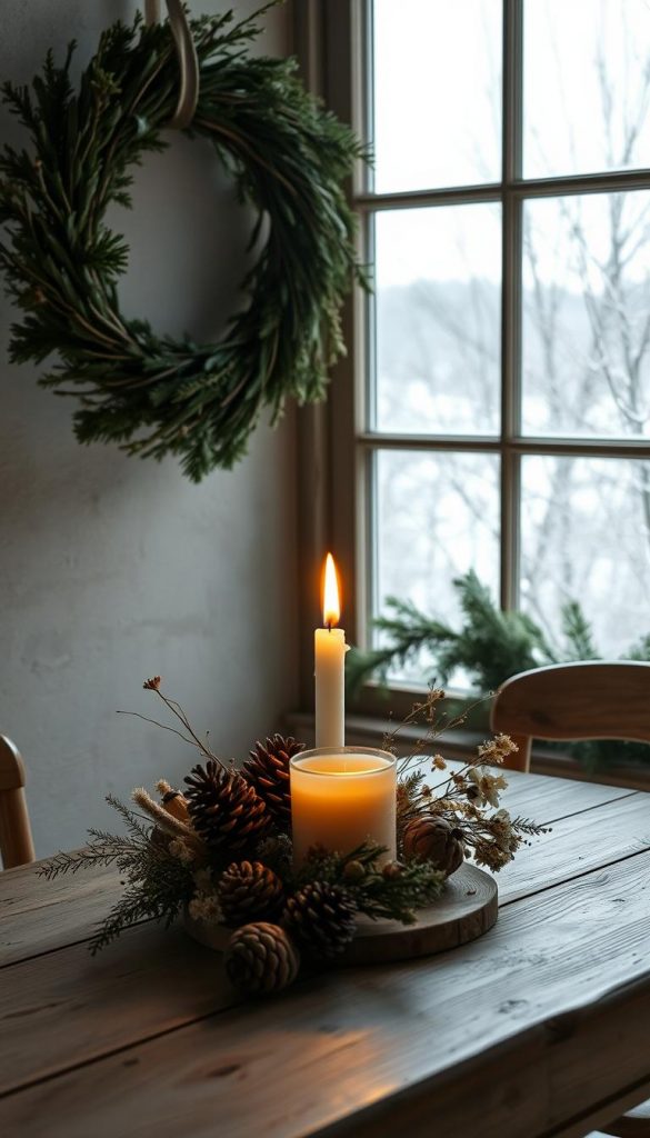 Cozy winter ritual in a rustic KlickKiste setting. A natural, handmade wreath hangs above a wooden table, adorned with pinecones, dried flowers, and a single flickering candle. The soft, warm glow illuminates the scene, creating a sense of hygge and tradition. In the background, a winter landscape with bare trees is visible through a frosted window. The overall atmosphere is serene, inviting, and evocative of the holiday season.